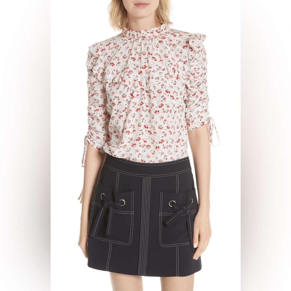 NWT Veronica Beard Howell Floral Silk Ruffle Blouse White Red
